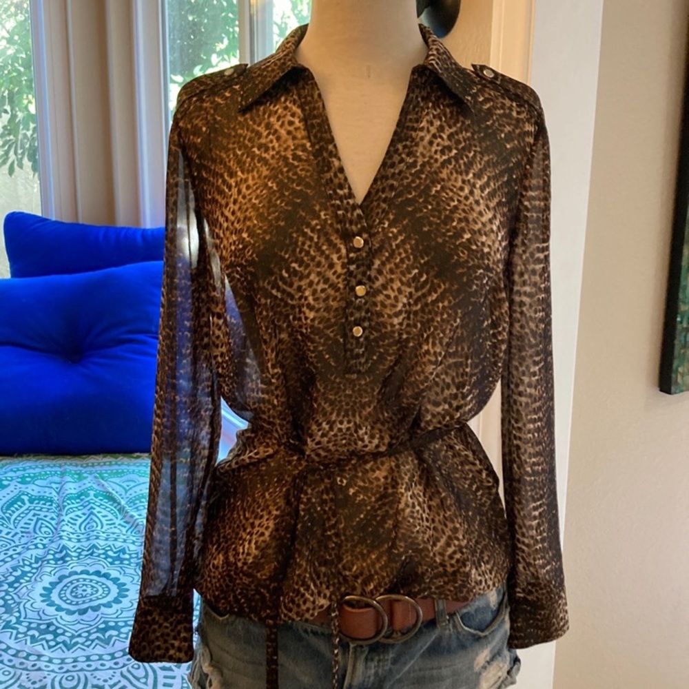 Leopard print button down tie waste low cut sexy long sleeve blouse